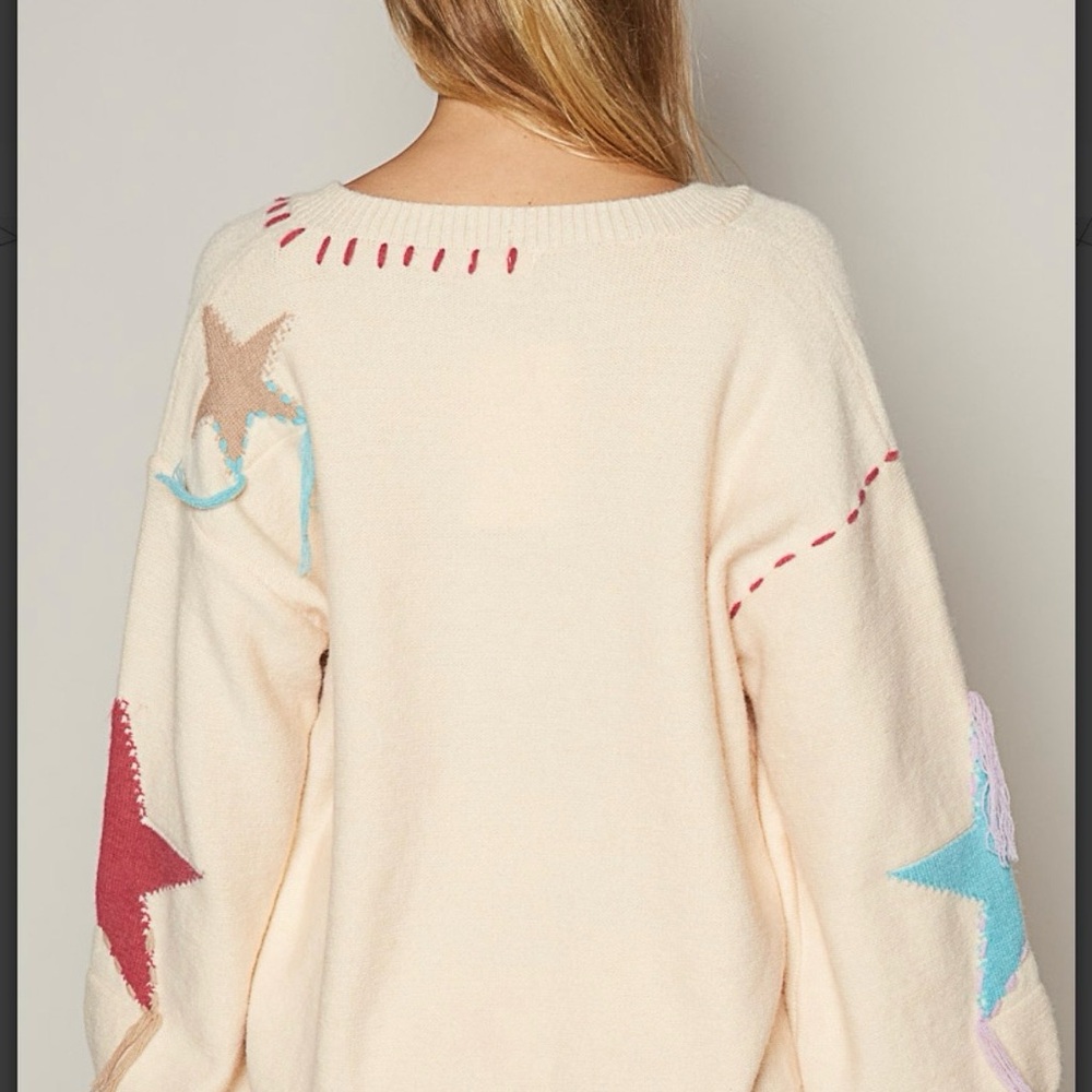 BP27🩵NEW!POL pretty cream v-neck sweater w/amazing star motif+boho dreamy style - Picture 10 of 12
